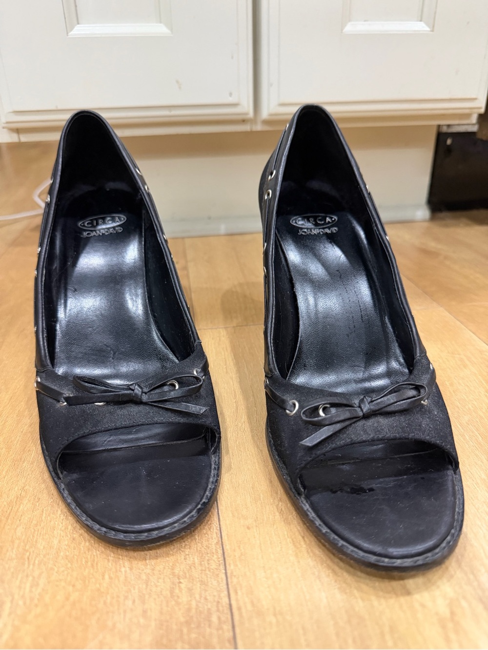 Joan & David Black Peep-Toe Bow Wedge Pumps